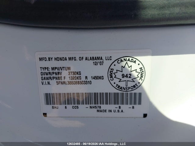 12632485 :رقم المزاد ، 5FNRL38608B503310 vin ، 2008 Honda Odyssey Ex-l مزاد بيع