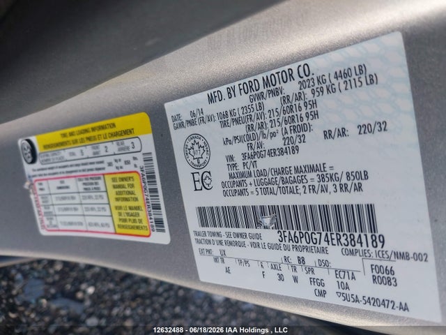 Ford FUSION S 2014 3FA6P0G74ER384189 Image 9