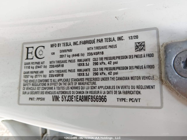 Tesla MODEL 3 2021 5YJ3E1EA8MF856966 Image 9