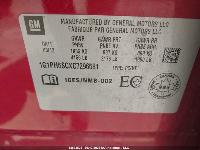 Aukcja sprzedaży 2012 Chevrolet Cruze Ltz, vin: 1G1PH5SCXC7296581, numer aukcji: 12632528