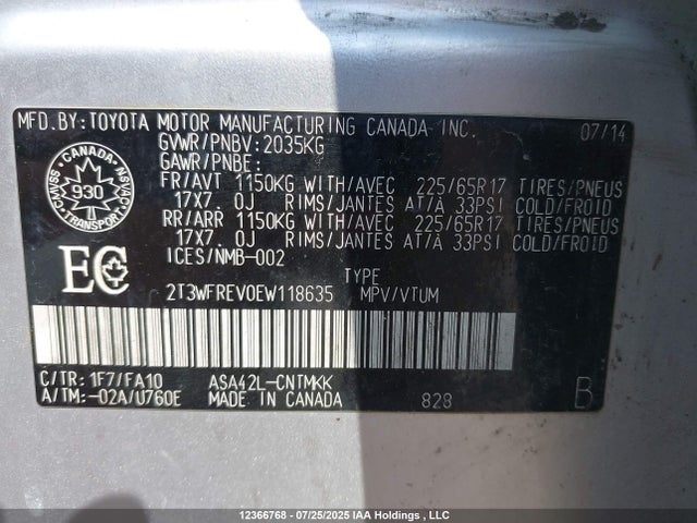 2014 Toyota Rav4 Xle მანქანა იყიდება აუქციონზე, vin: 2T3WFREV0EW118635, აუქციონის ნომერი: 12366768