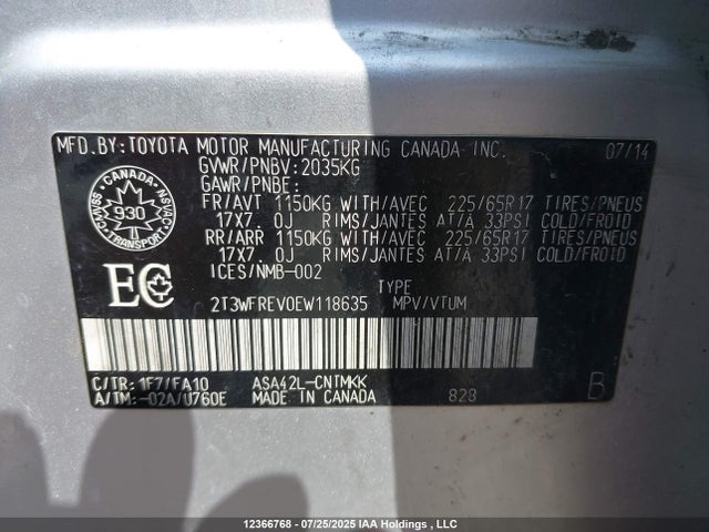 2014 Toyota Rav4 Xle მანქანა იყიდება აუქციონზე, vin: 2T3WFREV0EW118635, აუქციონის ნომერი: 12366768