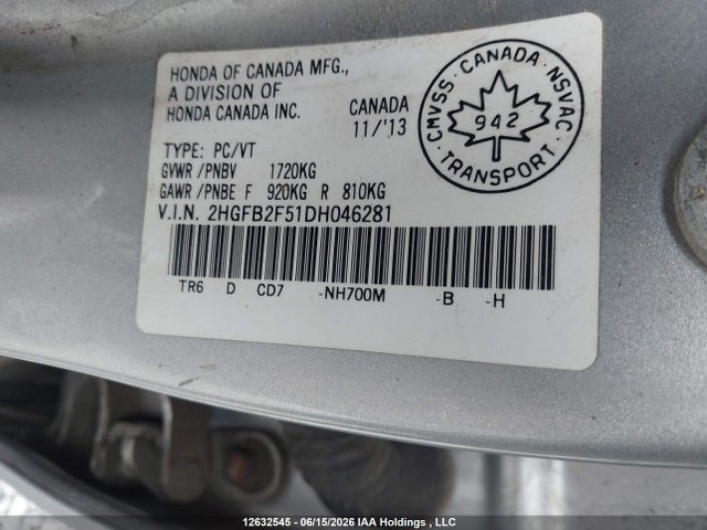 2013 Honda Civic Lx მანქანა იყიდება აუქციონზე, vin: 2HGFB2F51DH046281, აუქციონის ნომერი: 12632545
