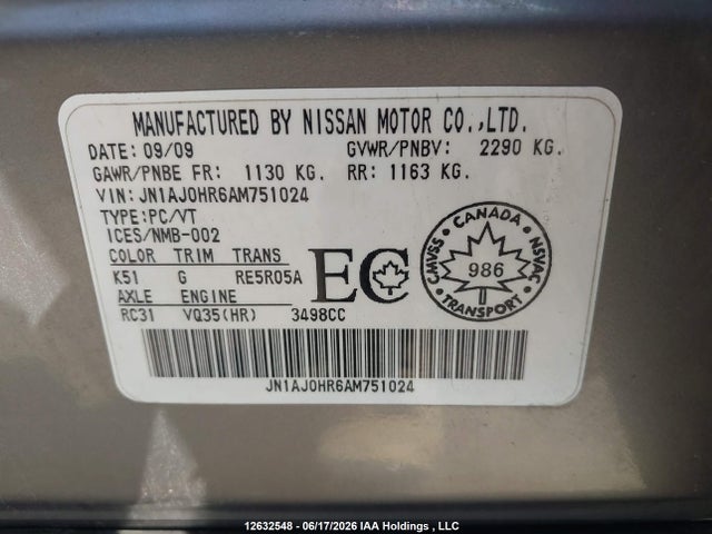 12632548 :رقم المزاد ، JN1AJ0HR6AM751024 vin ، 2010 Infiniti Ex35 Journey مزاد بيع
