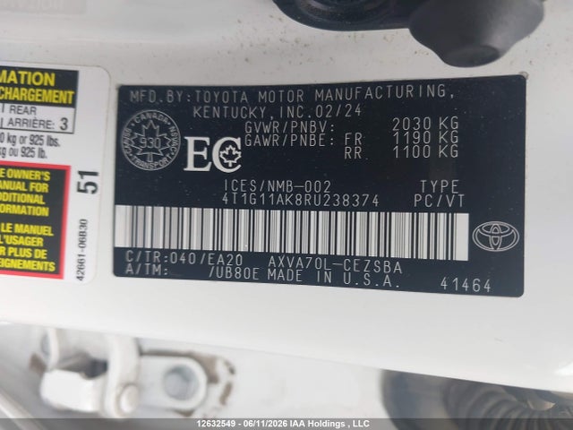 Aukcja sprzedaży 2024 Toyota Camry Se Night Shade/se, vin: 4T1G11AK8RU238374, numer aukcji: 12632549