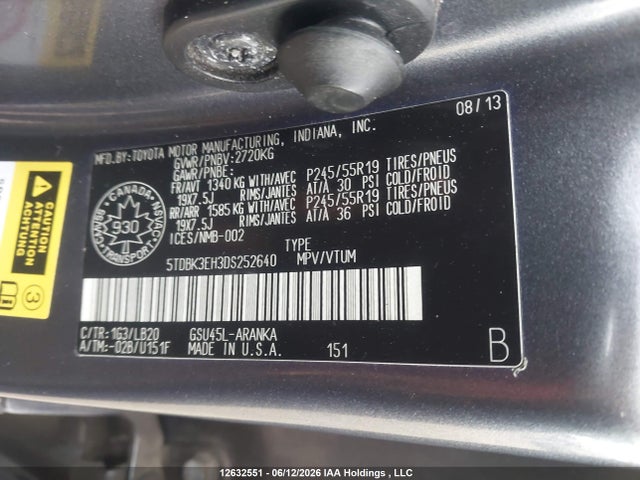 Aukcja sprzedaży 2013 Toyota Highlander V6, vin: 5TDBK3EH3DS252640, numer aukcji: 12632551