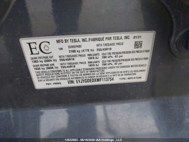 Продаж на аукціоні авто 2021 Tesla Model Y, vin: 5YJYGDEDXMF113754, номер лоту: 12632563