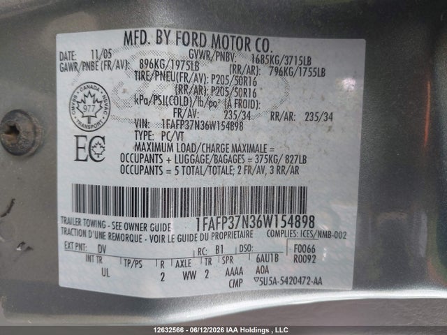 12632566 :رقم المزاد ، 1FAFP37N36W154898 vin ، 2006 Ford Focus Zx5 مزاد بيع
