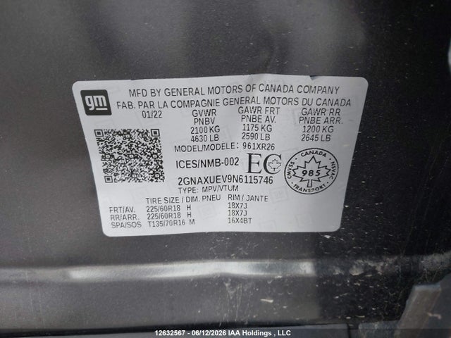 12632567 :رقم المزاد ، 2GNAXUEV9N6115746 vin ، 2022 Chevrolet Equinox Lt مزاد بيع
