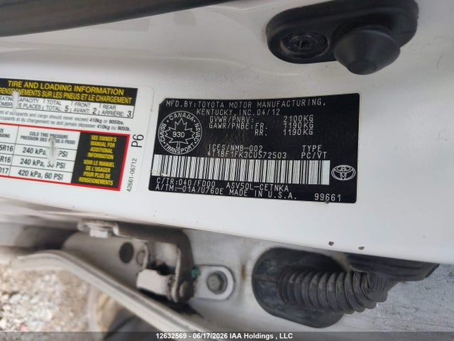 2012 Toyota Camry Le მანქანა იყიდება აუქციონზე, vin: 4T1BF1FK3CU572503, აუქციონის ნომერი: 12632569
