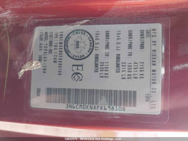 Aukcja sprzedaży 2015 Nissan Nv200 2.5s/2.5sv, vin: 3N6CM0KNXFK698108, numer aukcji: 12632570