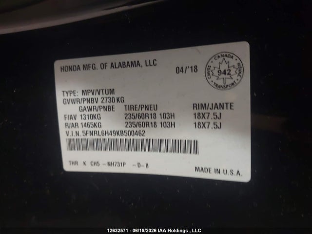Honda Odyssey 2019 5FNRL6H49KB500462 Image 18