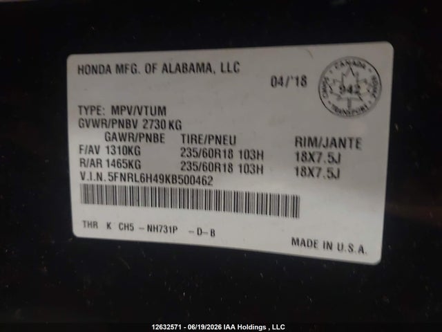 Honda Odyssey 2019 5FNRL6H49KB500462 Image 9
