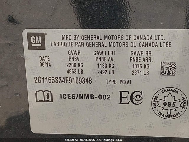 Aukcja sprzedaży 2015 Chevrolet Impala Ltz, vin: 2G1165S34F9109348, numer aukcji: 12632573