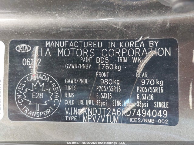 12619157 :رقم المزاد ، KNDJT2A6XD7494049 vin ، 2013 Kia Soul 2.0l 2u/2.0l 4u/2.0l 4u Burner/2.0l 4u Luxury/2.0l 4u Retro مزاد بيع