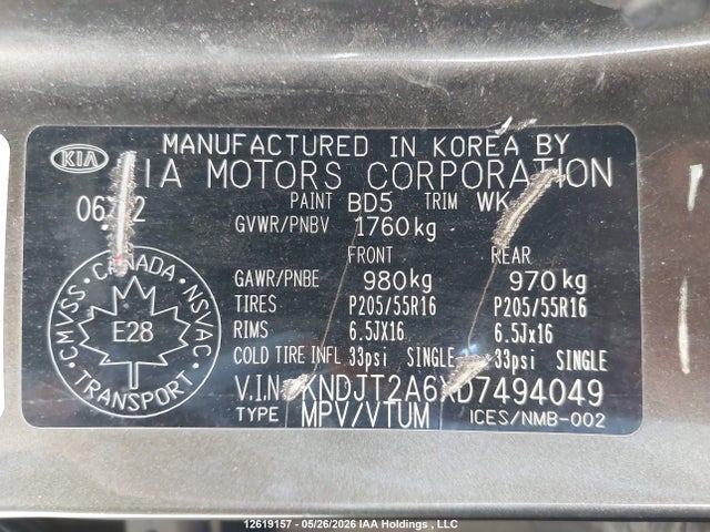 12619157 :رقم المزاد ، KNDJT2A6XD7494049 vin ، 2013 Kia Soul 2.0l 2u/2.0l 4u/2.0l 4u Burner/2.0l 4u Luxury/2.0l 4u Retro مزاد بيع