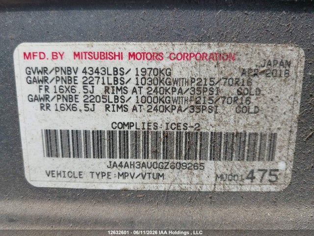Продажа на аукционе авто 2016 Mitsubishi Rvr Se/es, vin: JA4AH3AU0GZ609265, номер лота: 12632601