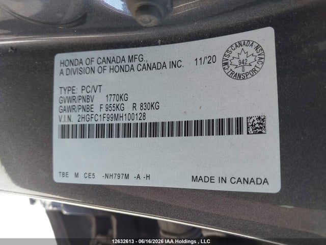 Продажа на аукционе авто 2021 Honda Civic Touring, vin: 2HGFC1F99MH100128, номер лота: 12632613