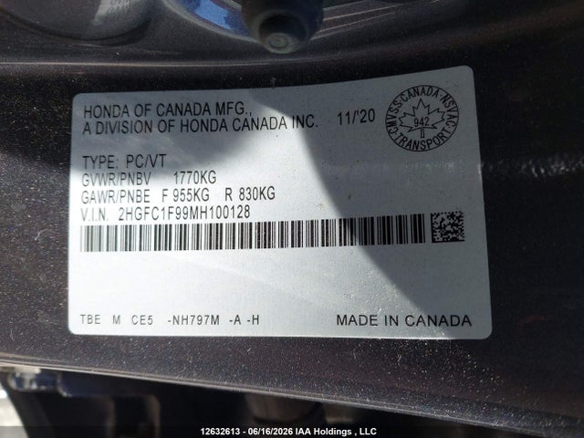 Продажа на аукционе авто 2021 Honda Civic Touring, vin: 2HGFC1F99MH100128, номер лота: 12632613