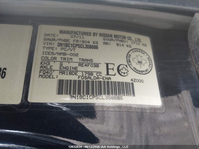 Aukcja sprzedaży 2012 Nissan Versa 1.8 S, vin: 3N1BC1CP5CL358686, numer aukcji: 12632634