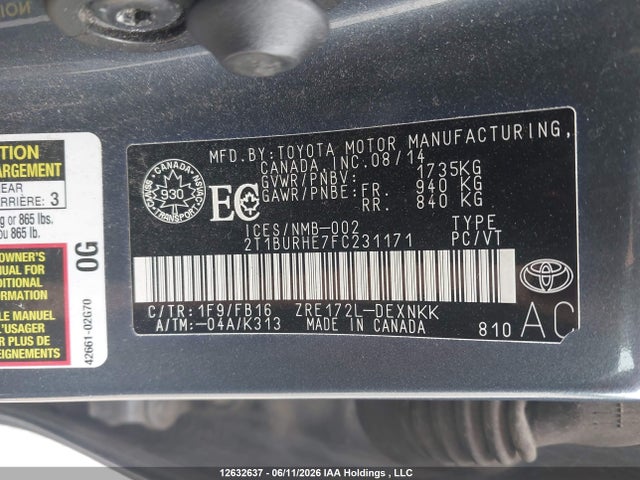 2015 Toyota Corolla Le მანქანა იყიდება აუქციონზე, vin: 2T1BURHE7FC231171, აუქციონის ნომერი: 12632637
