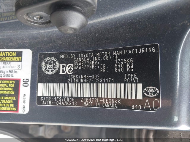2015 Toyota Corolla Le მანქანა იყიდება აუქციონზე, vin: 2T1BURHE7FC231171, აუქციონის ნომერი: 12632637