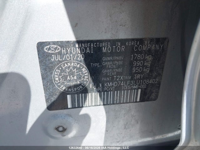 Aukcja sprzedaży 2020 Hyundai Elantra Essential Auto Ivt, vin: KMHD74LF3LU108402, numer aukcji: 12632640