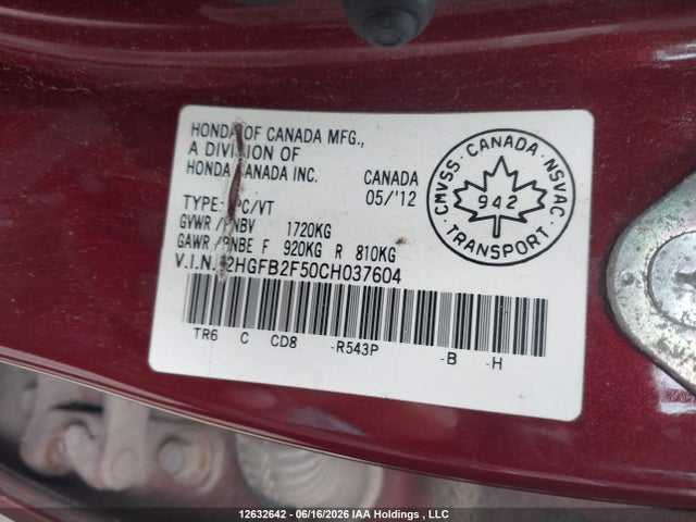 Продаж на аукціоні авто 2012 Honda Civic Ex 4dr, vin: 2HGFB2F50CH037604, номер лоту: 12632642