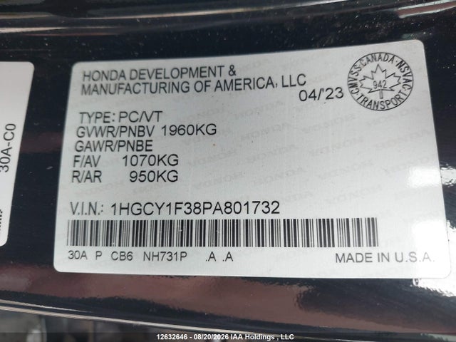 1HGCY1F38PA801732 Honda ACCORD EX