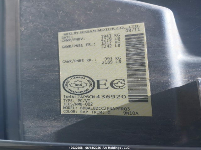 Aukcja sprzedaży 2012 Nissan Altima 2.5 S, vin: 1N4AL2AP6CN436920, numer aukcji: 12632658