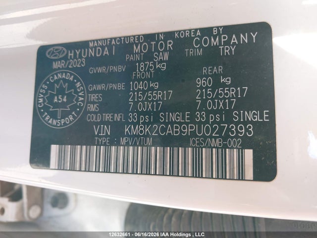 12632661 :رقم المزاد ، KM8K2CAB9PU027393 vin ، 2023 Hyundai Kona مزاد بيع