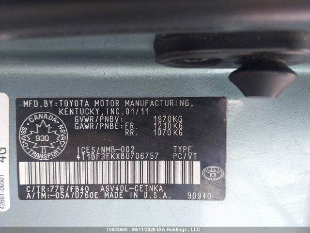 2011 Toyota Camry Le მანქანა იყიდება აუქციონზე, vin: 4T1BF3EKXBU706757, აუქციონის ნომერი: 12632680