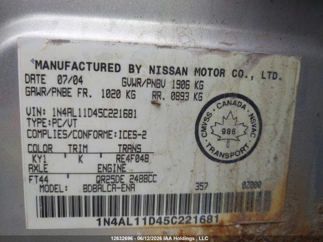 Aukcja sprzedaży 2005 Nissan Altima S/sl, vin: 1N4AL11D45C221681, numer aukcji: 12632696