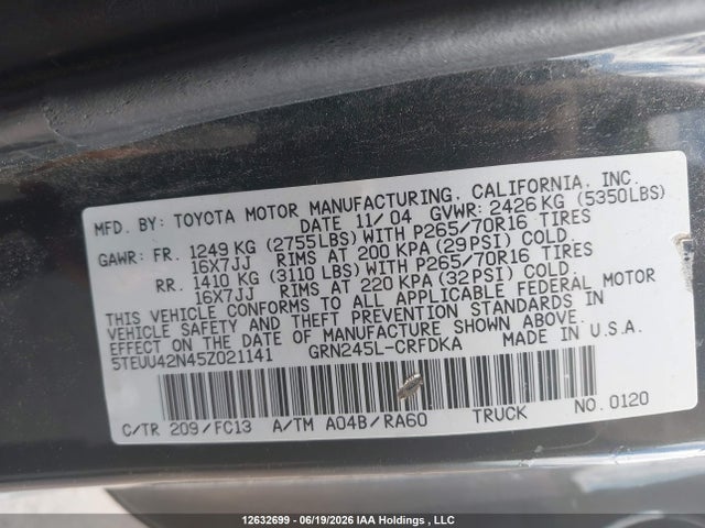 2007 Toyota Tacoma Base V6 მანქანა იყიდება აუქციონზე, vin: 5TEUU42N17Z362497, აუქციონის ნომერი: 12632699