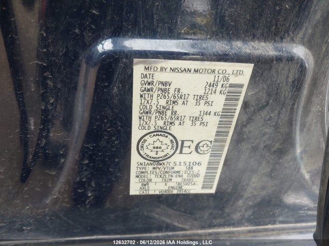 12632702 :رقم المزاد ، 5N1AN08WX7C515106 vin ، 2007 Nissan Xterra Off Road/s/se مزاد بيع