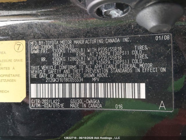 Продаж на аукціоні авто 2008 Lexus Rx 350, vin: 2T2GK31U18C055534, номер лоту: 12632718