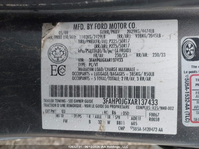 Продаж на аукціоні авто 2010 Ford Fusion Sel, vin: 3FAHP0JGXAR137433, номер лоту: 12632731
