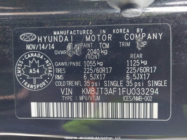 12632749 :رقم المزاد ، KM8JT3AF1FU033294 vin ، 2015 Hyundai Tucson Gls مزاد بيع