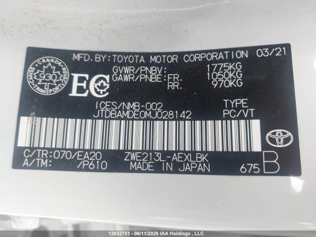 2021 Toyota Corolla Hybrid Base W/li Battery მანქანა იყიდება აუქციონზე, vin: JTDBAMDE0MJ028142, აუქციონის ნომერი: 12632751