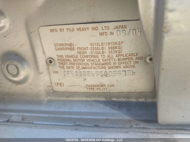 2005 Saab 9-2 Aero მანქანა იყიდება აუქციონზე, vin: JF4GG22655G055736, აუქციონის ნომერი: 12632752