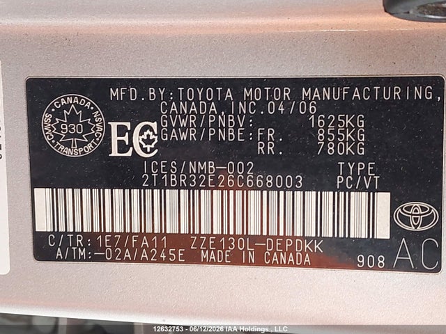 12632753 :رقم المزاد ، 2T1BR32E26C668003 vin ، 2006 Toyota Corolla Ce/le/sport مزاد بيع