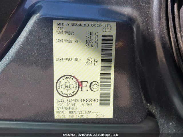 12632757 :رقم المزاد ، 1N4AL3AP9FN388890 vin ، 2015 Nissan Altima 2.5/2.5 S/2.5 Sl/2.5 Sv مزاد بيع