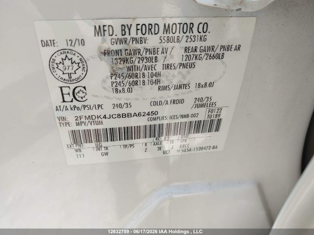 12632759 :رقم المزاد ، 2FMDK4JC8BBA62450 vin ، 2011 Ford Edge Sel مزاد بيع