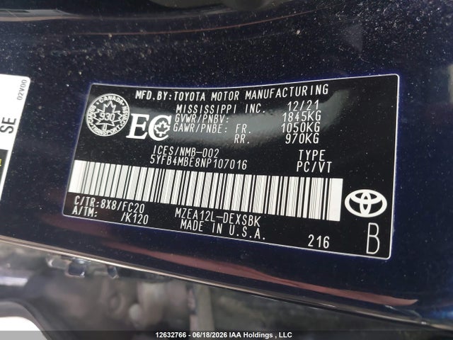 Toyota COROLLA SE 2022 5YFB4MBE8NP107016 Image 9