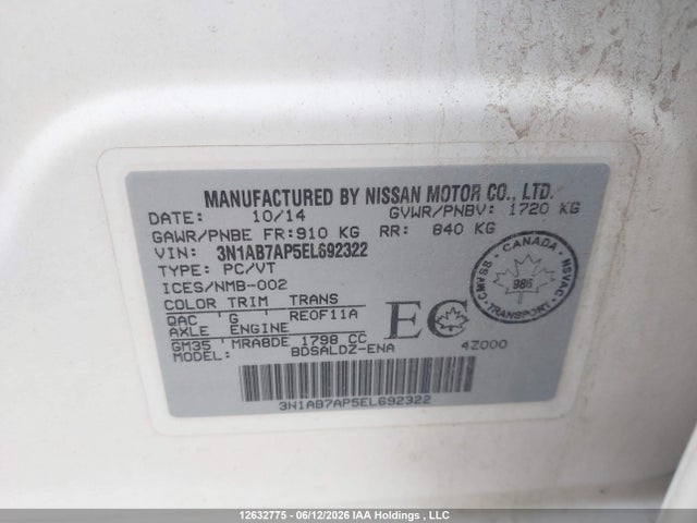 2014 Nissan Sentra 1.8 S/1.8 Sl/1.8 Sr/1.8 Sv მანქანა იყიდება აუქციონზე, vin: 3N1AB7AP5EL692322, აუქციონის ნომერი: 12632775