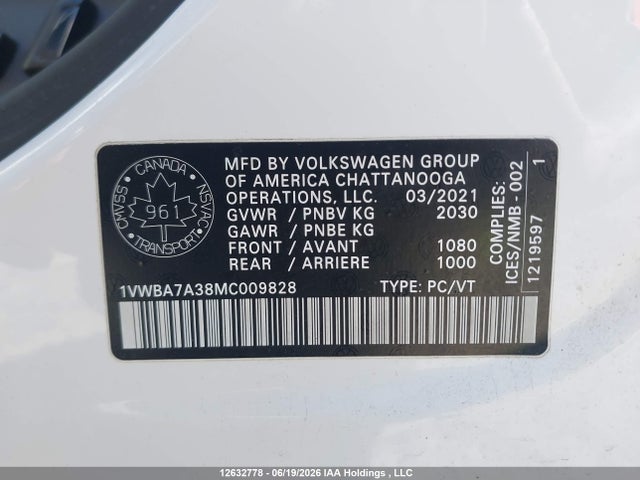 2021 Volkswagen Passat Highline მანქანა იყიდება აუქციონზე, vin: 1VWBA7A38MC009828, აუქციონის ნომერი: 12632778
