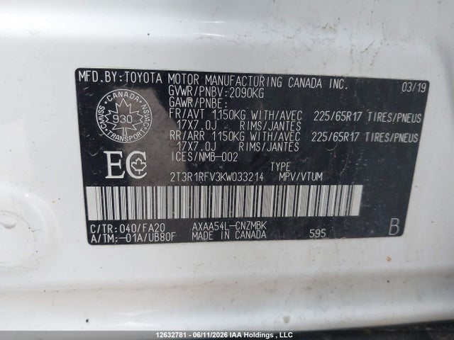 2019 Toyota Rav4 Xle მანქანა იყიდება აუქციონზე, vin: 2T3R1RFV3KW033214, აუქციონის ნომერი: 12632781