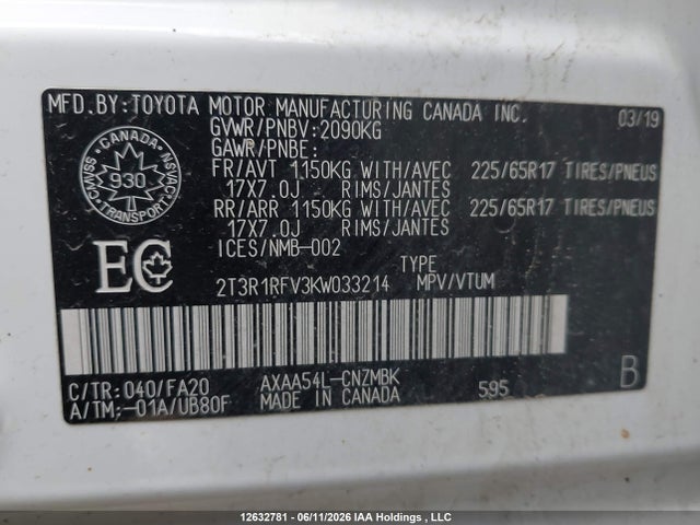 2019 Toyota Rav4 Xle მანქანა იყიდება აუქციონზე, vin: 2T3R1RFV3KW033214, აუქციონის ნომერი: 12632781