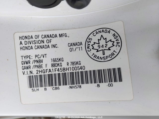 2011 Honda Civic Sdn მანქანა იყიდება აუქციონზე, vin: 2HGFA1F45BH100540, აუქციონის ნომერი: 12632785