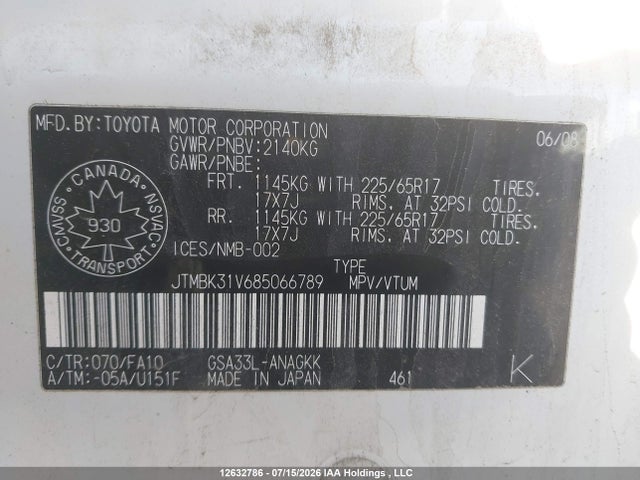 Продаж на аукціоні авто 2008 Toyota Rav4 Limited V6, vin: JTMBK31V685066789, номер лоту: 12632786